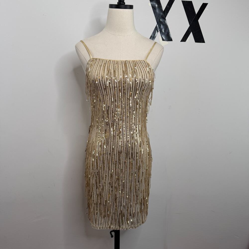 Y2K Gold Champagne Sequin Fringe Square Neck Low Back Bodycon Mini Dress XS